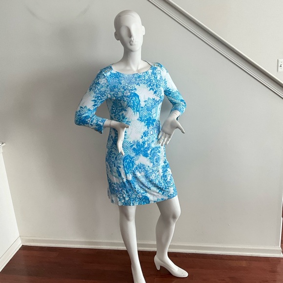 Lilly Pulitzer Blue Toile Me About It Sophie Dress White Long Sleeve UPF 50 L - Picture 12 of 12